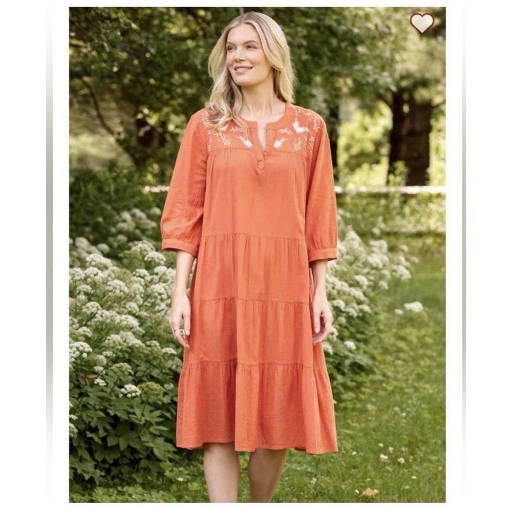 Vermont Country Store Embroidered Leaves Tiered Crinkle Cotton Dress Size L Midi